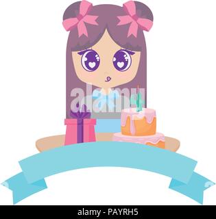 Emblema con kawaii ragazza con compleanno icone correlate su sfondo bianco, illustrazione vettoriale Illustrazione Vettoriale