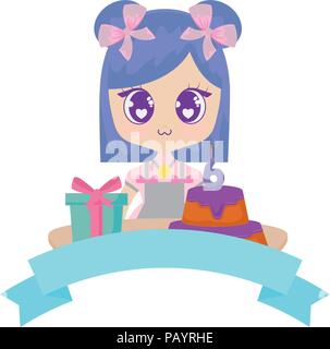 Emblema con kawaii ragazza con compleanno icone correlate su sfondo bianco, illustrazione vettoriale Illustrazione Vettoriale