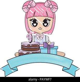 Emblema con kawaii ragazza con compleanno icone correlate su sfondo bianco, illustrazione vettoriale Illustrazione Vettoriale