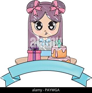 Emblema con kawaii ragazza con compleanno icone correlate su sfondo bianco, illustrazione vettoriale Illustrazione Vettoriale