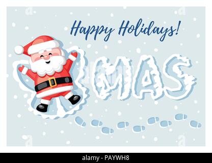 Buon Natale! Buone vacanze! Funny Santa Claus giacente nella neve e facendo un angelo di neve. Illustrazione Vettoriale. Illustrazione Vettoriale