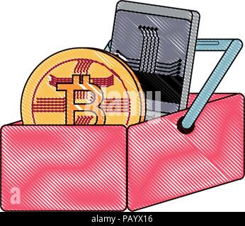 Cestello con bitcoin moneta e lo smartphone su sfondo bianco, illustrazione vettoriale Illustrazione Vettoriale