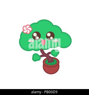 Illustrazione vettoriale di un simpatico baby girl albero di bonsai con la faccia e fiore di ciliegio dancing in una pentola isolato su bianco Illustrazione Vettoriale