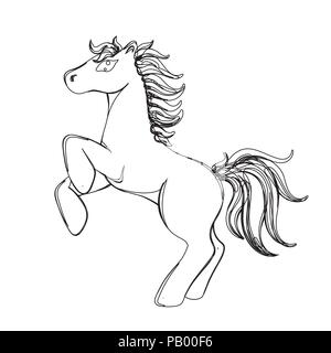 Illustrazione Vettoriale di cavallo in linea ininterrotta di stile grafico, nero contorno contorno schizzo isolato su bianco Illustrazione Vettoriale