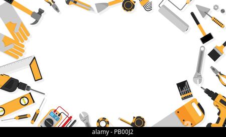 Telaio di confine del nero-giallo strumenti di colore imposta come sfondo con la copia in bianco lo spazio per il tuo testo. illustrazione vettoriale di una parte del set di strumenti le icone isolato Illustrazione Vettoriale
