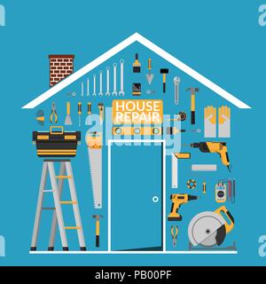 Set di DIY home riparare strumenti di lavoro vector logo design template sotto il tetto in forma home home banner di riparazione, costruzione , riparare icone. Utensili a mano Illustrazione Vettoriale