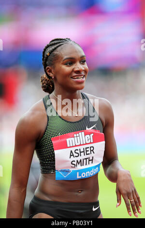 Dina ASHER-SMITH (Gran Bretagna) dopo la concorrenza in campo femminile 200m Finale al 2018, IAAF Diamond League, Anniversario Giochi, Queen Elizabeth Olympic Park, Stratford, Londra, Regno Unito. Foto Stock