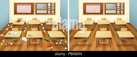 In una classe prima e dopo la pulizia immagine Illustrazione Vettoriale
