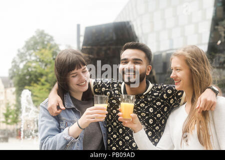 Tre amici sorridente facendo un brindisi celebrativo Foto Stock