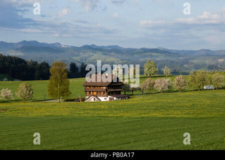 Tipica casa colonica di Lucerna in un meraviglioso paesaggio nella Svizzera centrale su una soleggiata giornata di primavera Foto Stock