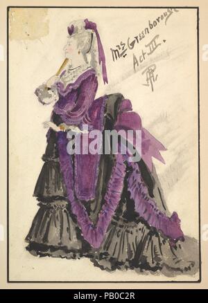 Costume Design per 'MRS. Greenborough', atto III Artista: Percy Anderson (British, 1850/51-1928 Londra). Dimensioni: Mount: 11 x 8 3/16 in. (28 x 20,8 cm) foglio: 10 x 6 15/16 in. (25,4 x 17,7 cm). Data: 1901. Progettazione per il costume per 'MRS. Greenborough' per il terzo atto del gioco 'Captain Jinks del cavallo Marines'. 'MRS. Greenborough' viene visualizzata nella vista di profilo rivolto verso sinistra. Indossa un corpetto viola e un nero tiered e increspato gonna con cuffie in stile vittoriano e un grande nastro viola. Indossa un cappello bianco con un nastro di colore viola ed è in possesso di una ventola dorato. Museo: Metropo Foto Stock