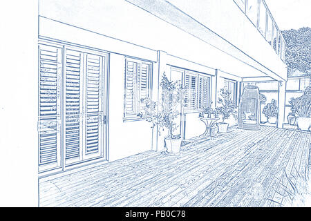 Bella casa con terrazza, di un blu e bianco del filtro Foto Stock