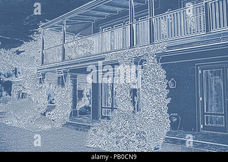Bella casa con balcone, con un blu e bianco del filtro Foto Stock