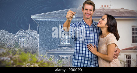 Immagine composita della coppia felice abbracciando tenendo premuto i tasti home Foto Stock