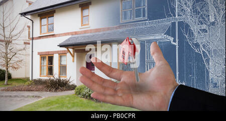 Immagine composita di copped mano sull uomo d affari di contenimento prodotto invisibile Foto Stock