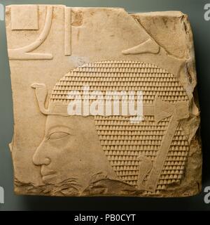 Rilievo con la testa di Amenhotep I. Dimensioni: h. 44 cm (17 5/16 in); w. 44 cm (17 5/16 in.). Dynasty: regno di Amenofi I. Data: ca 1525-1504 A.C. Il cartiglio frammentario nell'angolo superiore sinistro di questo rilievo conserva l'ultima lettera del nome Amenhotep. In Dynasty 18, vi erano quattro re con questo nome che significa "Amon è soddisfatto." L'identità del re qui raffigurato è chiaro dalle conserve di profilo. La forma del naso e del labbro superiore corto sono quasi identiche al profilo di una testa di Amenofi I, 26.3.30a, nella collezione del museo (vedere ulteriori photog Foto Stock