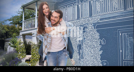 Immagine composita di lunghezza completa di uomo donna piggybacking mentre sorridente Foto Stock