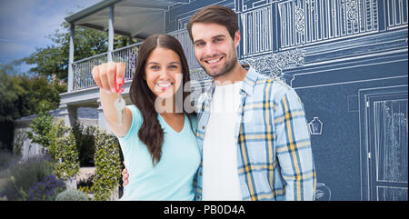Immagine composita di felice coppia giovane che mostra la nuova chiave di casa Foto Stock