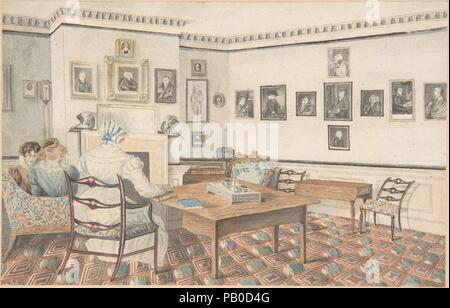 Sala da disegno a Hatton, Warwickshire. Artista: attribuito ai nipoti del Dottor Samuel Parr (British, attivo 1800-30). Dimensioni: foglio: 5 3/8 x 8 7/16 in. (13,7 x 21,4 cm). Oggetto: associati con il Dottor Samuel Parr (British, 1747-1825). Data: 1820-30. Questo amatoriali acquerello registra un interno in il Dottor Samuel Parr sostanziale della canonica a Hatton, dove ha vissuto per tre decenni e ha eseguito una piccola scuola privata per i ragazzi. Ci sono mostrati tre donne il cui abito suggerisce una data nel 1820s. Un iscrizione una volta attaccato al telaio rileva che la sedia scolpito dietro il tavolo "è stata per molti Foto Stock