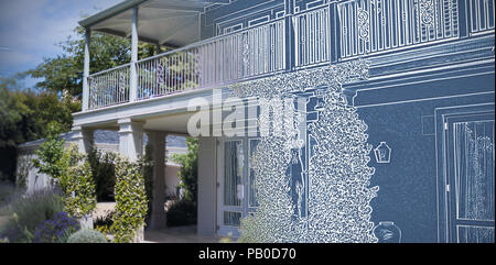 Immagine composita della graziosa casa con balcone, con un blu e bianco del filtro Foto Stock