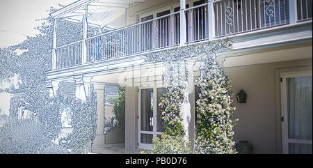 Immagine composita della graziosa casa con un blu e bianco del filtro Foto Stock