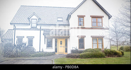 Immagine composita della graziosa casa con un blu e bianco del filtro Foto Stock