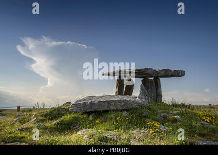 Poulnabrone dolmen preistorici, tomba di pietra, o il portale tomba, Burren, County Clare, Repubblica di Irlanda Foto Stock