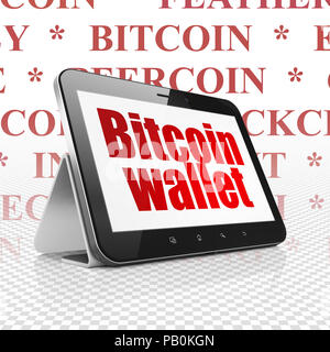 Concetto Blockchain: Computer tablet con portafoglio Bitcoin sul display Foto Stock
