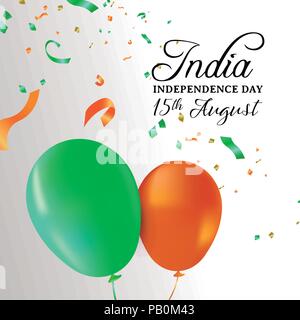 India Independence Day greeting card illustrazione. Bandiera palloncini di colore e partito per confetti special 15 Agosto festa indiano. EPS10 vettore. Illustrazione Vettoriale