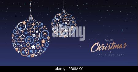 Auguri di Buon Natale e Anno Nuovo elegante banner web illustrazione. Xmas ornamento palla fatta di rame di lusso icone sul cielo notturno sfondo. EPS10 vettore. Illustrazione Vettoriale