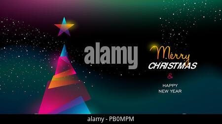 Buon Natale e Felice Anno Nuovo biglietto di auguri di Natale colorati pino, moderno neon di gradienti di colore. Holiday notte illustrazione nel futuristico glo Illustrazione Vettoriale