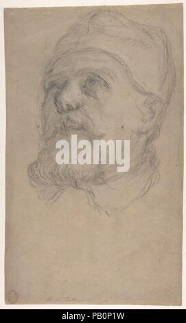 Testa di Papa Urbano VIII (Maffeo Vincenzo Barberini) (recto); un braccio teso (verso). Artista: attribuito a Pietro Locatelli (Italiano, Roma, 1634-1710). Dimensioni: 15-3/4 x 9-5/8 in. (40,0 x 24,5 cm). Data: 1669-70. Fiduciosamente eseguito con ampie pennellate di gesso nero espressamente costruita intorno ai contorni, questo disegno ritratto di Papa Urbano VIII Barberini (regnò 1623-1644), che sembra essere un animato somiglianza fatto dalla vita del grande mecenate della Roma barocca, è stato convincentemente identificato come opera di Pietro da Cortona la pupilla di talento, Pietro Locatelli, relative Foto Stock