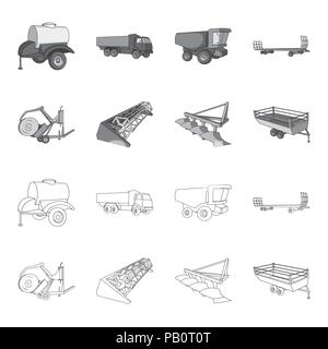 Aratro, trebbiatrice mietitrebbia, trailer e altri dispositivi agricoli. Macchine agricole set di icone di raccolta in profilo,monocromatico vettore stile simbolo Illustrazione Vettoriale