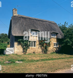 Luglio 1995: cottage con il tetto di paglia, Cotswold cottage, Minster Lovell, Oxfordshire, Cotswolds, England, Regno Unito, Europa Foto Stock