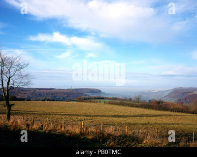 Dicembre 1998: vista verso il monumento Tynedale sul bordo del Cotswold Hills scarpata vicino a Wotton Under Edge, Gloucesteshire, UK. Severn vale al di là è riempito con bassa giacente nebbia. Foto Stock