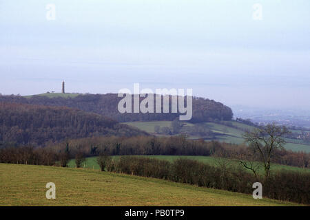 Febbraio 1999: inverno vista verso il monumento Tynedale sul bordo del Cotswold Hills scarpata vicino a Wotton Under Edge, Gloucesteshire, UK. Foto Stock