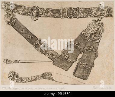 Design per una spada-cinghia, coltello, e stilo. Artista: Pierre Woeiriot de Bouzey II (francese, Neufchâteau Damblain 1532-1599). Cultura: francese. Dimensioni: 7 3/16 x 9 3/4 in. (18,3 x 24,7 cm). Data: ca. 1555. Pierre Woeiriot è stato addestrato come un orafo, ma è rinomata per il suo lavoro come un incisore e stampatore. La sua funzione di stampe proprio rendering originale di ritratti, scene bibliche, emblemi religiosi, gioielli e rapier hilts. Questa incisione di una spada-cinghia con elaborare supporti, quest'ultimo dubbio destinato ad essere eseguito in argento o bronzo dorato, è tra le sue stampe più rari. La maggior parte delle sh Foto Stock