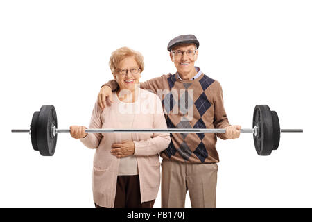 Coppia senior il sollevamento di un barbell insieme isolato su sfondo bianco Foto Stock