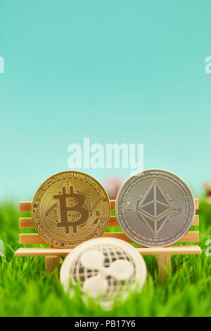 Cryptocurrency monete, come etere Bitcoin e ripple su un banco in erba Foto Stock