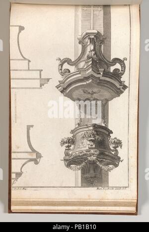 Design per un pulpito, piastra 2 da un Untitled serie di disegni e modelli di pulpito. Dimensioni: complessivo: 8 7/16 × 13 3/4 in. (21,5 × 35 cm). Editore: Martin Engelbrecht (tedesco, Augsburg 1684-1756 Augusta). Data: stampato ca. 1750-56. Ornamento con la stampa di un disegno per un pulpito sospeso su un pilastro, illustrato in elevazione frontale e con una sezione di elevazione laterale sul lato sinistro del foglio. Questa stampa è legato in un album contenente 27 serie con un totale di 122 stampe di ornamento dal fondo del prominente Augsburg editore Martin Engelbrecht. Museo: Metropolitan Museum of Art di New York, Stati Uniti d'America. Foto Stock