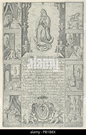 Indulgenza per donazione di alms verso la costruzione di una chiesa alla Vergine di Guadalupe (moderno impressione di facsimile). Artista: Samuel Stradanus (Netherlandish, Anversa, xvii secolo). Dimensioni: piastra: 13 x 8 3/8 in. (33 x 21,3 cm) foglio: 16 15/16 x 11 in. (43 x 28 cm). Data: 1608 (facsimile 1930-40). Certificato stampato di indulgenza rilasciato da Juan Pérez de la Serna, Arcivescovo di Città del Messico; utilizzato per raccogliere fondi per finanziare la costruzione del nuovo santuario del Tepeyac, consacrata nel 1622, che divenne più tardi la Basilica di Guadalupe. Per uno studio della stampa vedere: C. Bargellini, 'Samuel Foto Stock