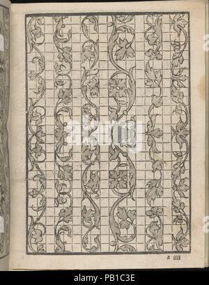 Lucidario di Recami, pagina 12 (recto). Progettista: Iseppo Foresto (italiano, attivo a Venezia, 1557). Dimensioni: complessivo: 7 7/8 x 5 7/8 in. (20 x 15 cm). Pubblicato in: Venezia. Editore: Jeronimo Calepio , 1564. Data: 1564. Progettato da Iseppo Foresto, pubblicato da Jeronimo Calepio, 1564. Dall'alto al basso e da sinistra a destra: Design composto da 6 colonne verticali stampata su una griglia. La prima, la seconda, la terza, la quinta e la sesta colonna sono decorate con una curvatura simile vite con foglie e fiori. La quarta colonna è leggermente più ampio rispetto a tutto il resto ed è decorata in centro con un'urna e Foto Stock