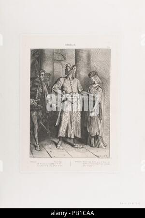 "Onesto Iago, la mia Desdemona deve lascio a te': piastra 4 da Otello (Atto 1, scena 3). Artista: Théodore Chassériau (francese, Le Limon, San-domingue, West Indies 1819-1856 Paris). Dimensioni: piastra: 14 3/8 x 10 1/2 in. (36,5 x 26,6 cm) immagine: 11 3/16 x 8 3/8 in. (28,4 x 21,2 cm). Serie/Portfolio: Suite di quindici stampe: Shakespeare's Othello / Quinze Esquisses à l'eau forte dessinées et gravées par Théodore Chasseriau. Oggetto: William Shakespeare (British, Stratford-upon-Avon 1564-1616 Stratford-upon-Avon). Data: incisi 1844, ristampati 1900. Nel 1844 Eugène Piot ha commissionato il giovane ch Foto Stock