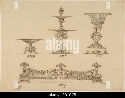 Design per un piatto di frutta sciroppata, un server e un'urna. Artista: Anonimo, francese del XIX secolo. Dimensioni: Immagine: 6 5/8 x 8 7/8 in. (16,9 x 22,6 cm). Data: del XIX secolo. Museo: Metropolitan Museum of Art di New York, Stati Uniti d'America. Foto Stock