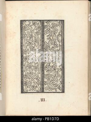 Esemplario di lavori, pagina 3 (recto). Dimensioni: 9 5/16 x 7 1/4 x 15/16 in. (23,7 x 18,4 x 2,4 cm). Pubblicato in: Venezia. Editore: Nicolò Zoppino (italiano, Ferrara 1478/80-1544 Venezia) , Venezia. Data: Agosto 1529. Pubblicato da Nicolo Zoppino, italiano, attivo del XVI secolo, Venezia. Dall'alto al basso e da sinistra a destra: Design composto da 2 bande verticali: vigneti con foglie e bracnhes con ghiande e foglie di quercia. Museo: Metropolitan Museum of Art di New York, Stati Uniti d'America. Foto Stock