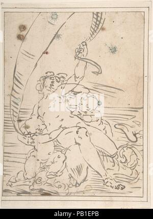 Arion e due Amorini su un delfino. Artista: Dopo Luca Cambiaso (italiano, Moneglia 1527-1585 Madrid). Dimensioni: 10-7/8 x 8-5/16 in. (27,6 x 21,1 cm). Data: 1527-85. Museo: Metropolitan Museum of Art di New York, Stati Uniti d'America. Foto Stock