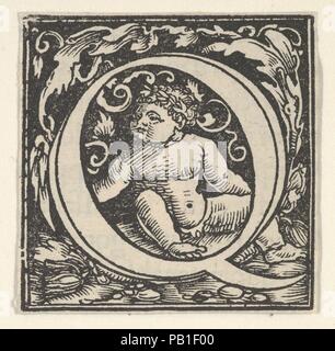 Lettera iniziale Q con putto. Artista: Heinrich Vogtherr il sambuco (tedesco, nato 1490, active 1538-1540). Dimensioni: foglio: 1 7/8 x 1 7/8 in. (4,8 × 4,7 cm). Data: ca. 1538. Museo: Metropolitan Museum of Art di New York, Stati Uniti d'America. Foto Stock