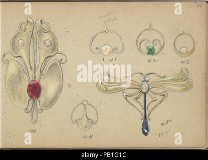 Sei modelli per la gioielleria. Artista: Edgar Gilstrap Simpson (British, 1867-1945 (presunta)). Dimensioni: foglio: 3 1/2 x 5 in. (8,9 x 12,7 cm). Data: 1899. Sei modelli per gioielleria, inclusi motivi più piccoli. Ci sono due grandi disegni sulla pagina, uno a forma di come una foglia con una pietra rossa e due piccole pietre bianche. Altri design ha la forma di una libellula. Entrambi potrebbero essere indossato come una spilla ma potrebbe anche essere inteso come la punta di un stickpin. Gli altri quattro progetti sono motivi più piccola costituita al di fuori di un fine silver o gold band con una pietra preziosa. I disegni sono numerati singolarmente (continuo f Foto Stock