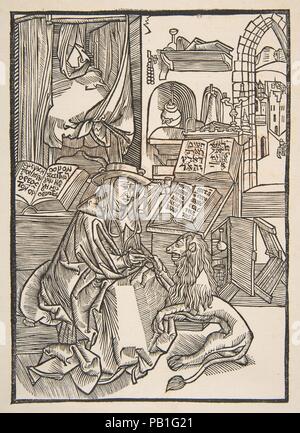 San Girolamo estraendo una spina dal Lion il piede, Lione 1508 (copia). Artista: Dopo Albrecht Dürer (Tedesco, 1471-1528 Norimberga Norimberga). Dimensioni: Blocco: 7 11/16 x 5 1/2 in. (19,6 × 14 cm) foglio: 12 13/16 x 8 5/8 in. (32,6 × 21,9 cm). Data: n.d.. Museo: Metropolitan Museum of Art di New York, Stati Uniti d'America. Foto Stock