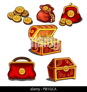 Set di portafogli, borse e uno scrigno pieno di monete d'oro isolati su sfondo bianco. Vector cartoon close-up illustrazione. Illustrazione Vettoriale